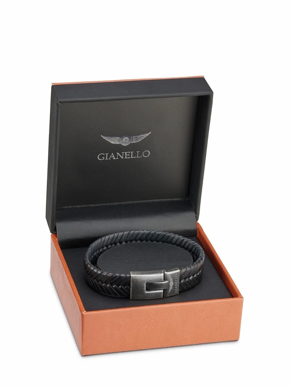 Gianello Black Braided Leather Bracelet with Gunmetal Clasp